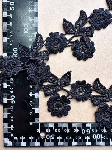 2m LEFT: Modern Applique Trim Black Flowers & Leaves 56mm Wide