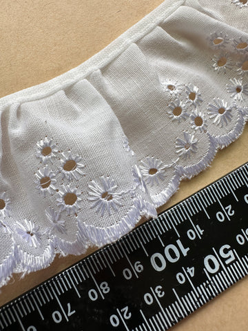 1.5m LEFT: Modern Gathered Lace Trim White Broderie Anglaise 45mm Wide