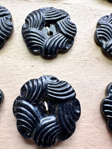 18 LEFT: Antique Vintage Buttons New on Card 1930s Black Pressed Casein 2-Hole 23mm