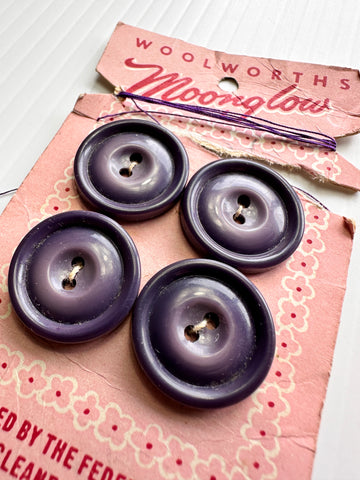 ONE SET ONLY: Vintage Buttons New on Card Woolworths 'Moonglow' 1960s? Purple Eggplant 2-Hole 20mm x 4