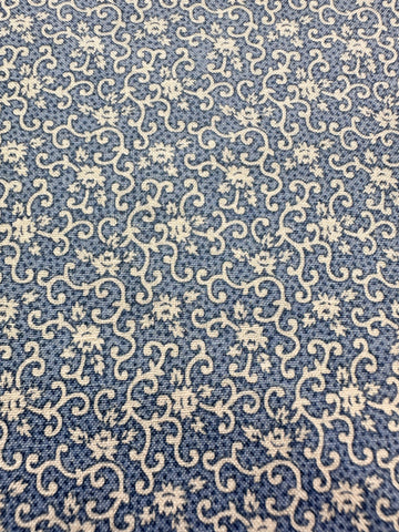 2m LEFT: Modern? Vintage? Fabric 1980s? Tiny White Flowers & Scrolls on Blue Dots 112cm Wide