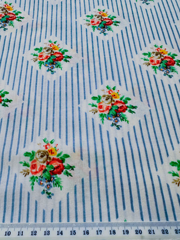 CLEARANCE Vintage Fabric 1980s Cotton Blend Sheeting w/ Blue Stripe & Sweet Floral Cameo 100cm Wide