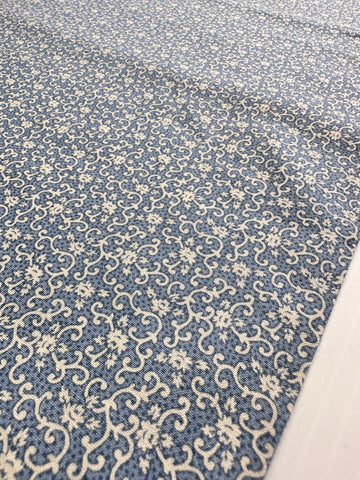 2m LEFT: Modern? Vintage? Fabric 1980s? Tiny White Flowers & Scrolls on Blue Dots 112cm Wide