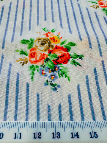 CLEARANCE Vintage Fabric 1980s Cotton Blend Sheeting w/ Blue Stripe & Sweet Floral Cameo 100cm Wide