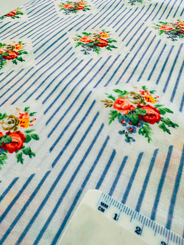 CLEARANCE Vintage Fabric 1980s Cotton Blend Sheeting w/ Blue Stripe & Sweet Floral Cameo 100cm Wide