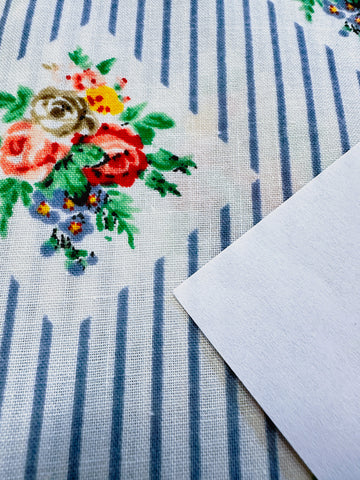 CLEARANCE Vintage Fabric 1980s Cotton Blend Sheeting w/ Blue Stripe & Sweet Floral Cameo 100cm Wide