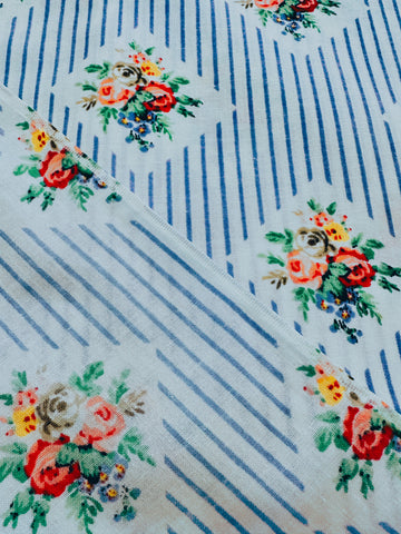 CLEARANCE Vintage Fabric 1980s Cotton Blend Sheeting w/ Blue Stripe & Sweet Floral Cameo 100cm Wide