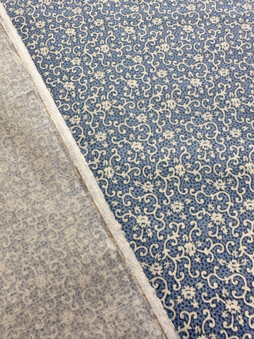 2m LEFT: Modern? Vintage? Fabric 1980s? Tiny White Flowers & Scrolls on Blue Dots 112cm Wide