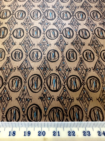 3m LEFT: Vintage Fabric 1950s Tootal Dress Polished Cotton Mushroom Base Black Lines 88cm Wide