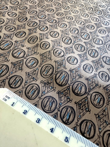 3m LEFT: Vintage Fabric 1950s Tootal Dress Polished Cotton Mushroom Base Black Lines 88cm Wide