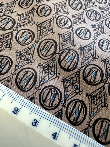3m LEFT: Vintage Fabric 1950s Tootal Dress Polished Cotton Mushroom Base Black Lines 88cm Wide