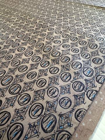 3m LEFT: Vintage Fabric 1950s Tootal Dress Polished Cotton Mushroom Base Black Lines 88cm Wide