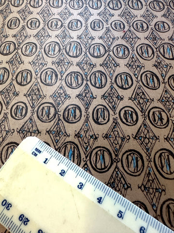 3m LEFT: Vintage Fabric 1950s Tootal Dress Polished Cotton Mushroom Base Black Lines 88cm Wide