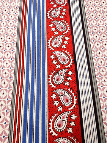 Vintage Fabric 1960s? Crispy Cotton w/ Buti Paisley Stripes & Geometric Pattern 88cm Wide