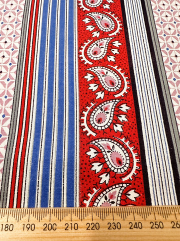 Vintage Fabric 1960s? Crispy Cotton w/ Buti Paisley Stripes & Geometric Pattern 88cm Wide