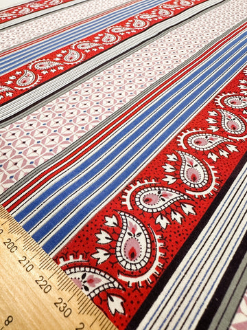 Vintage Fabric 1960s? Crispy Cotton w/ Buti Paisley Stripes & Geometric Pattern 88cm Wide