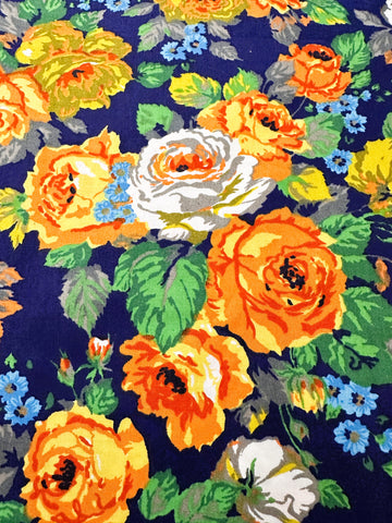 REMNANT Vintage Fabric 1970s Bright Floral Orange Rose on Navy Blue Crispy Cotton 43cm x 41cm