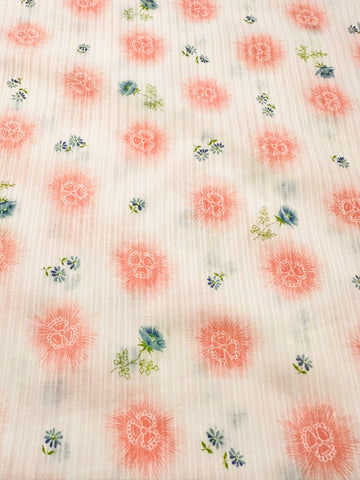 Vintage Fabric 1960s Light Weight Fancy Weave Cotton w/ Pink Blue Flowers 88cm Wide