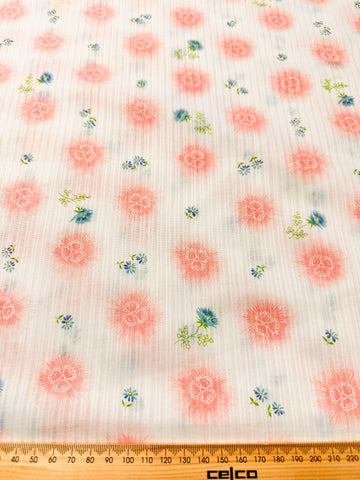 Vintage Fabric 1960s Light Weight Fancy Weave Cotton w/ Pink Blue Flowers 88cm Wide