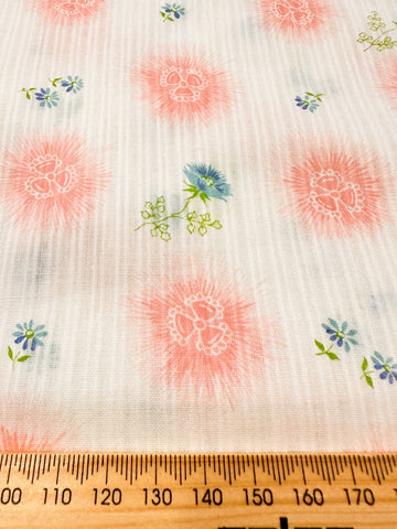 Vintage Fabric 1960s Light Weight Fancy Weave Cotton w/ Pink Blue Flowers 88cm Wide
