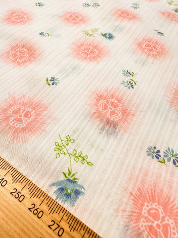 Vintage Fabric 1960s Light Weight Fancy Weave Cotton w/ Pink Blue Flowers 88cm Wide