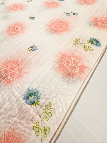 Vintage Fabric 1960s Light Weight Fancy Weave Cotton w/ Pink Blue Flowers 88cm Wide
