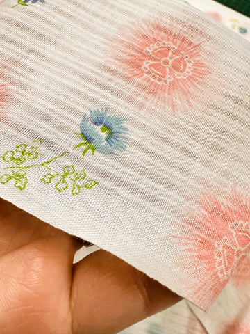 Vintage Fabric 1960s Light Weight Fancy Weave Cotton w/ Pink Blue Flowers 88cm Wide