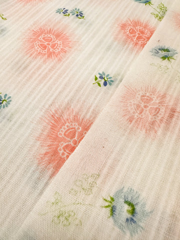 Vintage Fabric 1960s Light Weight Fancy Weave Cotton w/ Pink Blue Flowers 88cm Wide