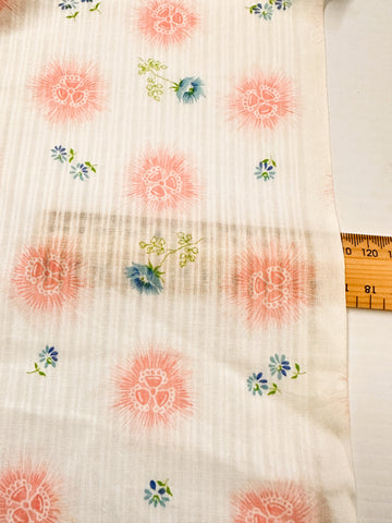 Vintage Fabric 1960s Light Weight Fancy Weave Cotton w/ Pink Blue Flowers 88cm Wide
