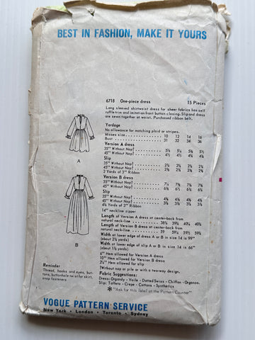 ONE-PIECE DRESS: Vogue Sewing Pattern Young Fashionables 1966 Ladies Size 14 Cut *6718