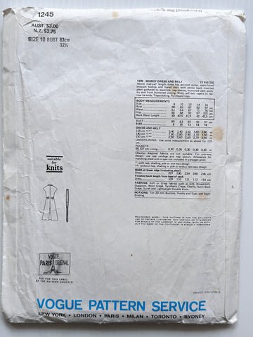 MISSES DRESS & BELT: Vogue Paris Original Sewing Pattern Nina Ricci 1975 Ladies 10 Cut *1245