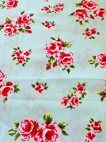 Modern Fabric Cotton Poplin Pale Blue Base w/ Pink Green Floral 112cm Wide