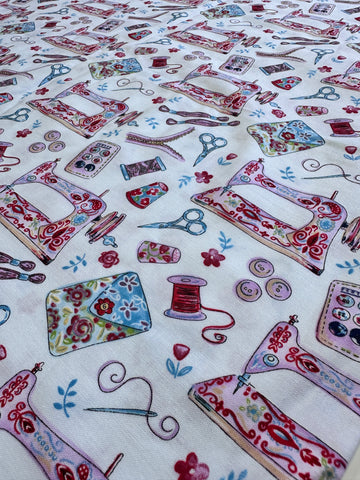 LAST 1/2m: Modern Quilt Cotton Fabric Sew Charming Sewing Machines Bobbins Needles Etc.