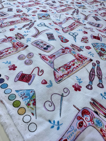 LAST 1/2m: Modern Quilt Cotton Fabric Sew Charming Sewing Machines Bobbins Needles Etc.