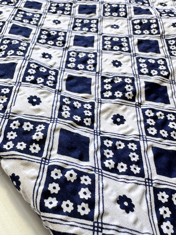 2m LEFT: Vintage Fabric 1960s 70s Cotton Seersucker w/ Mod Midnight Blue Boxes & Small Daisies