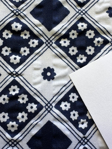 2m LEFT: Vintage Fabric 1960s 70s Cotton Seersucker w/ Mod Midnight Blue Boxes & Small Daisies