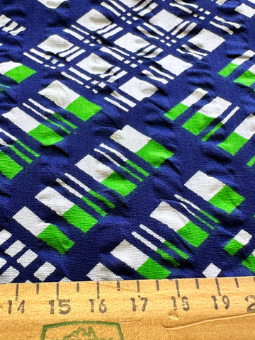 2.5m LEFT: Vintage Fabric 1960s 70s Cotton Seersucker w/ Navy & Green Lines