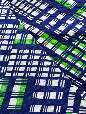 2.5m LEFT: Vintage Fabric 1960s 70s Cotton Seersucker w/ Navy & Green Lines