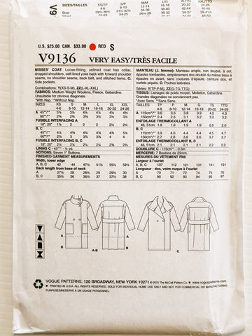 COAT: Very Easy Vogue Sewing Pattern 2015 Sizes L-XL-XXL FF Complete *V9136