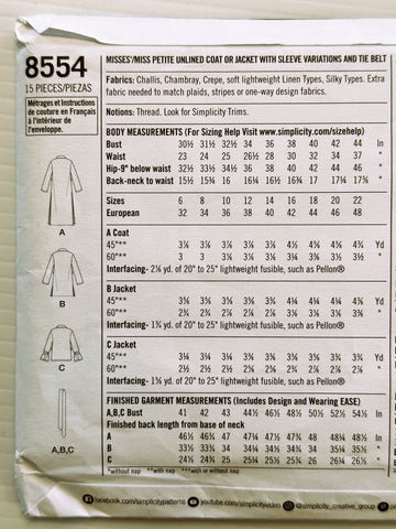COAT OR JACKET: Simplicity Sewing Pattern 2018 Sizes 14-22 FF Complete *8554