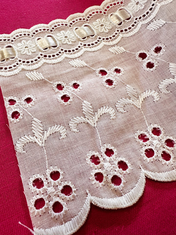 19.5m LEFT: Vintage Cotton White Trim Satin Ribbon Eyelet Lace Broderie Anglaise 115mm Wide