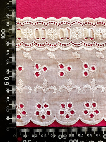 19.5m LEFT: Vintage Cotton White Trim Satin Ribbon Eyelet Lace Broderie Anglaise 115mm Wide