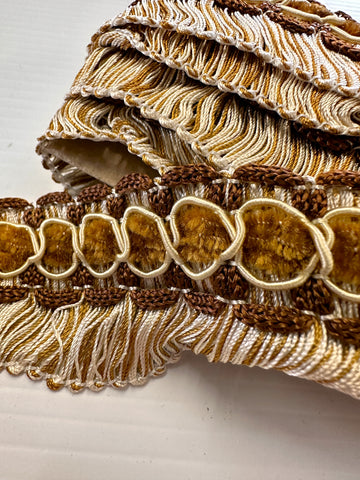 Vintage Woven Trim Fringe Brown & Cream Textured Velvet-y 42mm Wide