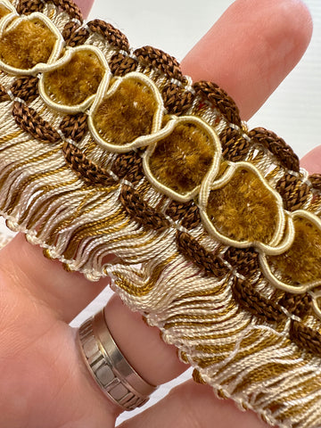 Vintage Woven Trim Fringe Brown & Cream Textured Velvet-y 42mm Wide