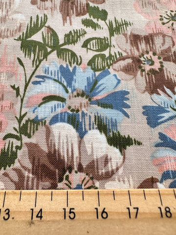 3m LEFT: Vintage Fabric 1980s Makower Cotton w/ Muted Floral on Taupe