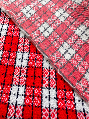 1.5m LEFT: Vintage Fabric Mod 1960s 70s Bonded Wool Blend w/ Bright Red White Navy Check