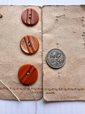 ONE SET ONLY: Vintage Buttons 30s? Art Deco Burnt Orange Bakelite on Card 2-Hole 18mm x 3