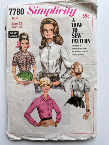 BLOUSES w/ TWO COLLAR INTEREST: Simplicity Sewing Pattern 1968 Size 12 Cut Complete *7780