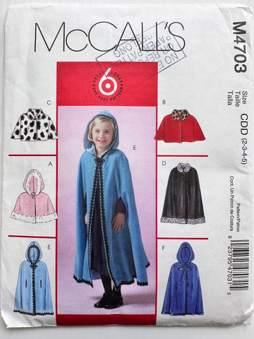 CHILDREN'S GIRLS LINED CAPELETS & CAPES: McCall's Sewing Pattern 2004 Sizes 2-5 Unused FF *M4703