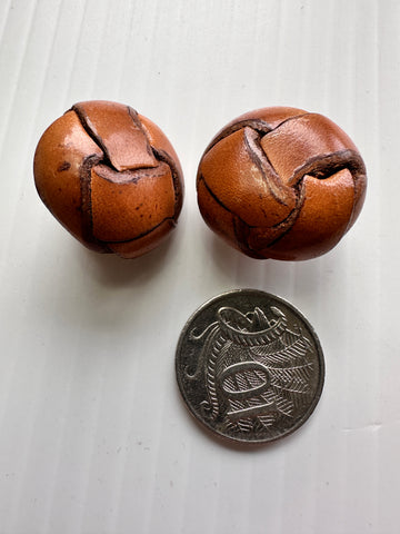 ONE PAIR ONLY: Vintage Buttons 1970s Pale Brown Leather Knot Shank Genuine 24mm